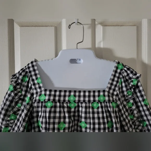 Kate Spade | NWOT Black/White Gingham Green Floral Embroidered Top - Picture 6 of 11